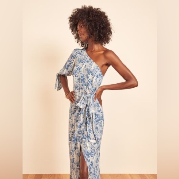 Reformation Rainey Dress Bali Blue Tropical One Shoulder Wrap Tie Size 8 - Picture 11 of 11